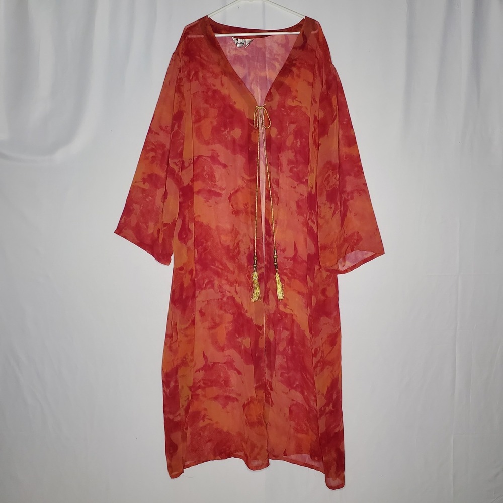 Hokus Pokus Cardigan Duster 4X Chiffon‎ Overlay Red Boho Artsy Vtg 90s Witchy